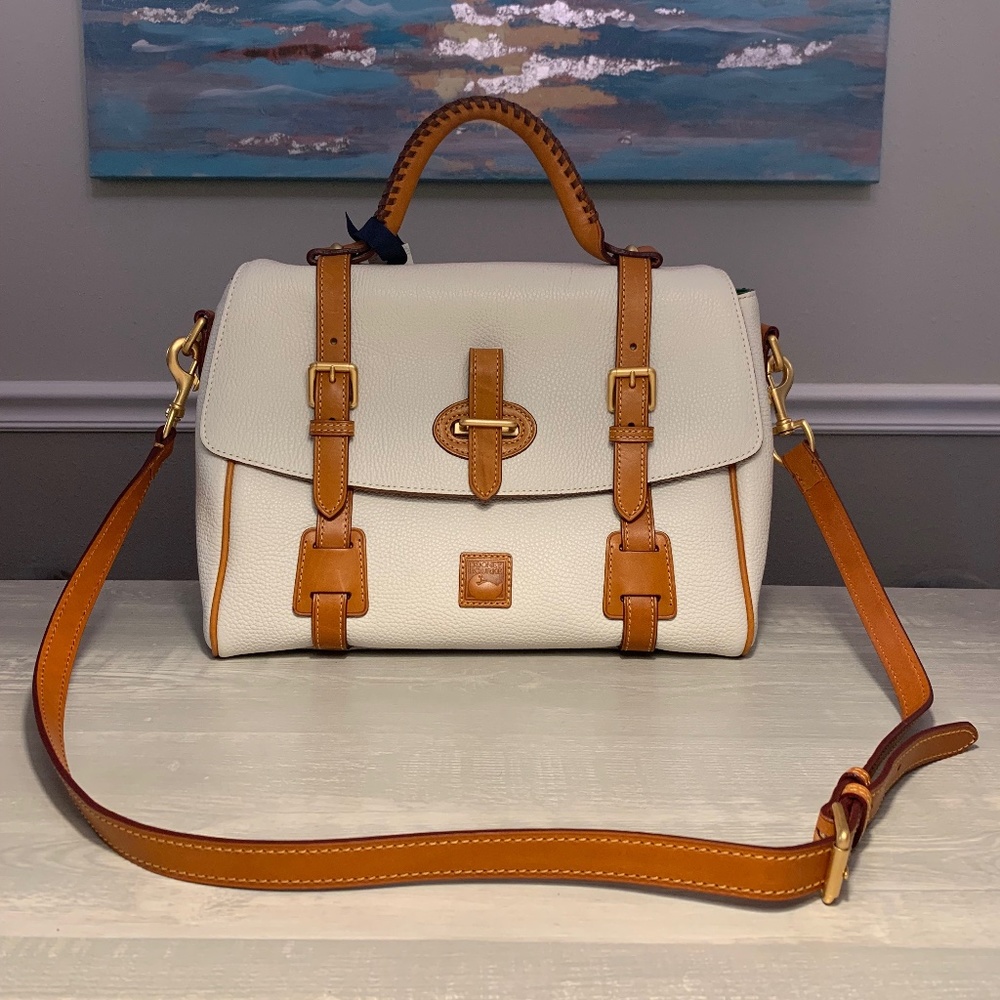 Dooney and Bourke Florentine Flap Tab Satchel White And Tan Top Handle NWT